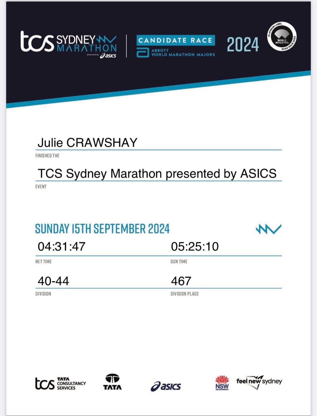 Julie Crawshay TCS Sydney Marathon 2024 finisher certificate